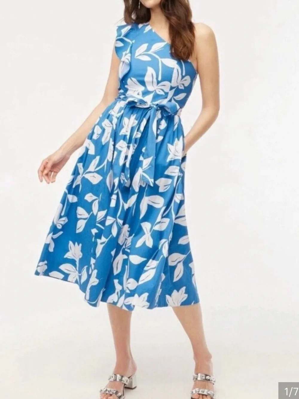 J. Crew One-Shoulder Blue and White Floral Midi Dress